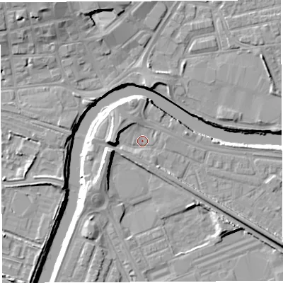 Shaded relief map of the ground around WA41AY, computed from Environment Agency LiDAR. The ground here sits at about 7 m above sea level and falls 11 m across the surrounding 800 m. Surface water reaching this point runs off ground lying to the west-south-west, 6.8 m higher.