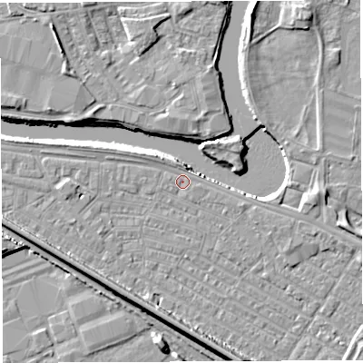 Shaded relief map of the ground around WA41AZ, computed from Environment Agency LiDAR. The ground here sits at about 7 m above sea level and falls 11 m across the surrounding 800 m. Surface water reaching this point runs off ground lying to the east-south-east, 0.9 m higher.
