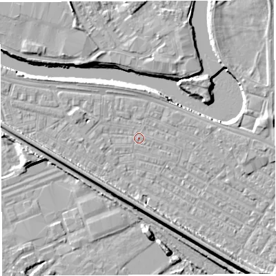 Shaded relief map of the ground around WA41BA, computed from Environment Agency LiDAR. The ground here sits at about 7 m above sea level and falls 13 m across the surrounding 800 m. Surface water reaching this point runs off ground lying to the east-north-east, 0.9 m higher.