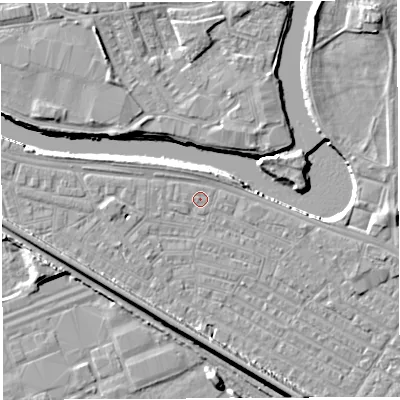 Shaded relief map of the ground around WA41BB, computed from Environment Agency LiDAR. The ground here sits at about 7 m above sea level and falls 11 m across the surrounding 800 m. Surface water reaching this point runs off ground lying to the north-north-west, 0.7 m higher.