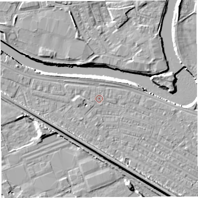 Shaded relief map of the ground around WA41BD, computed from Environment Agency LiDAR. The ground here sits at about 7 m above sea level and falls 11 m across the surrounding 800 m. Surface water reaching this point runs off ground lying to the west-north-west, 1.5 m higher.