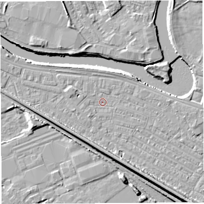 Shaded relief map of the ground around WA41BE, computed from Environment Agency LiDAR. The ground here sits at about 7 m above sea level and falls 12 m across the surrounding 800 m. Surface water reaching this point runs off ground lying to the west-north-west, 2.3 m higher.