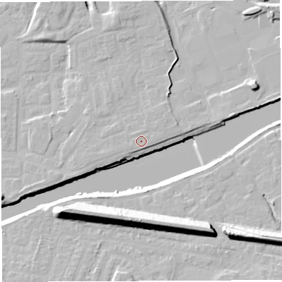 Shaded relief map of the ground around WA41BF, computed from Environment Agency LiDAR. The ground here sits at about 12 m above sea level and falls 22 m across the surrounding 800 m. Surface water reaching this point runs off ground lying to the north-east, 0.6 m higher.