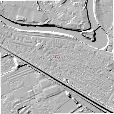 Shaded relief map of the ground around WA41BG, computed from Environment Agency LiDAR. The ground here sits at about 7 m above sea level and falls 13 m across the surrounding 800 m. Surface water reaching this point runs off ground lying to the west-north-west, 2.3 m higher.