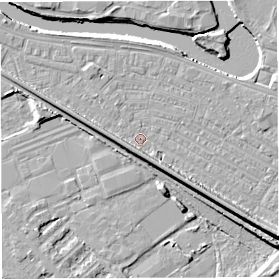 Shaded relief map of the ground around WA41BH, computed from Environment Agency LiDAR. The ground here sits at about 7 m above sea level and falls 13 m across the surrounding 800 m. Surface water reaching this point runs off ground lying to the south-south-east, 6.4 m higher.
