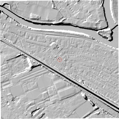 Shaded relief map of the ground around WA41BJ, computed from Environment Agency LiDAR. The ground here sits at about 7 m above sea level and falls 12 m across the surrounding 800 m. Surface water reaching this point runs off ground lying to the north-north-west, 0.9 m higher.