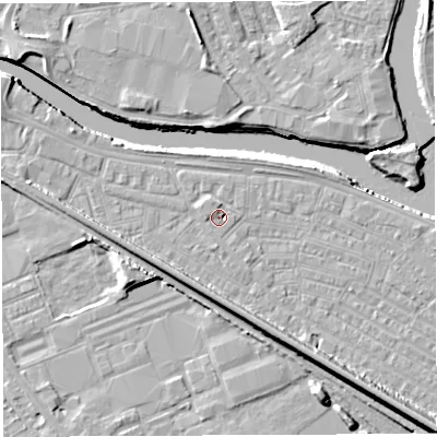 Shaded relief map of the ground around WA41BN, computed from Environment Agency LiDAR. The ground here sits at about 7 m above sea level and falls 12 m across the surrounding 800 m. Surface water reaching this point runs off ground lying to the north-west, 1.9 m higher.