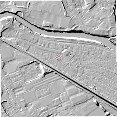 Shaded relief map of the ground around WA41BP, computed from Environment Agency LiDAR. The ground here sits at about 7 m above sea level and falls 11 m across the surrounding 800 m. Surface water reaching this point runs off ground lying to the north-east, 1.4 m higher.