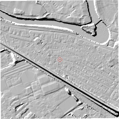 Shaded relief map of the ground around WA41BQ, computed from Environment Agency LiDAR. The ground here sits at about 7 m above sea level and falls 13 m across the surrounding 800 m. Surface water reaching this point runs off ground lying to the north-west, 2.2 m higher.