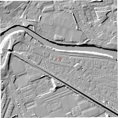 Shaded relief map of the ground around WA41BS, computed from Environment Agency LiDAR. The ground here sits at about 7 m above sea level and falls 10 m across the surrounding 800 m. The ground contributing surface water to this point lies to the north-west.