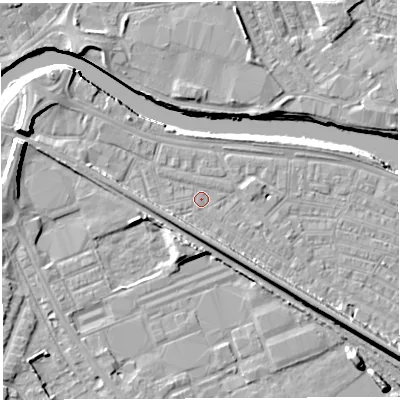 Shaded relief map of the ground around WA41BT, computed from Environment Agency LiDAR. The ground here sits at about 7 m above sea level and falls 10 m across the surrounding 800 m. Surface water reaching this point runs off ground lying to the north, 0.6 m higher.