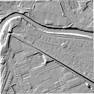 Shaded relief map of the ground around WA41BU, computed from Environment Agency LiDAR. The ground here sits at about 7 m above sea level and falls 10 m across the surrounding 800 m. Surface water reaching this point runs off ground lying to the north, 0.6 m higher.