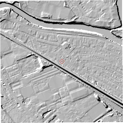 Shaded relief map of the ground around WA41BW, computed from Environment Agency LiDAR. The ground here sits at about 7 m above sea level and falls 11 m across the surrounding 800 m. Surface water reaching this point runs off ground lying to the south, 4.6 m higher.