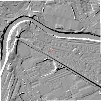 Shaded relief map of the ground around WA41BX, computed from Environment Agency LiDAR. The ground here sits at about 7 m above sea level and falls 11 m across the surrounding 800 m. Surface water reaching this point runs off ground lying to the west-north-west, 7.3 m higher.