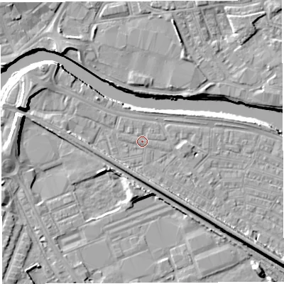 Shaded relief map of the ground around WA41BY, computed from Environment Agency LiDAR. The ground here sits at about 7 m above sea level and falls 10 m across the surrounding 800 m. The ground contributing surface water to this point lies to the north-north-west.