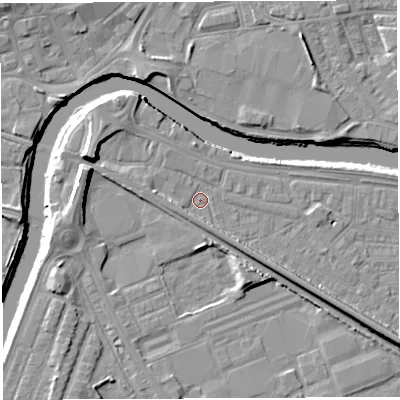 Shaded relief map of the ground around WA41BZ, computed from Environment Agency LiDAR. The ground here sits at about 7 m above sea level and falls 11 m across the surrounding 800 m. Surface water reaching this point runs off ground lying to the west-north-west, 7.3 m higher.