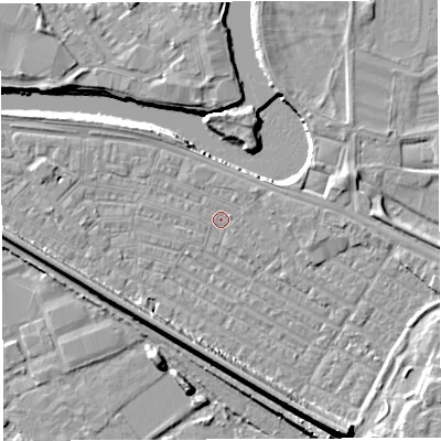 Shaded relief map of the ground around WA41DA, computed from Environment Agency LiDAR. The ground here sits at about 7 m above sea level and falls 13 m across the surrounding 800 m. Surface water reaching this point runs off ground lying to the south-south-east, 10.1 m higher.