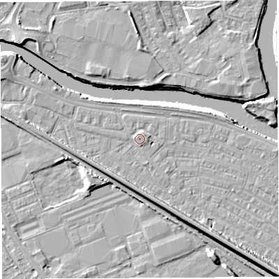 Shaded relief map of the ground around WA41DB, computed from Environment Agency LiDAR. The ground here sits at about 8 m above sea level and falls 11 m across the surrounding 800 m. Surface water reaching this point runs off ground lying to the west-north-west, 1.5 m higher.