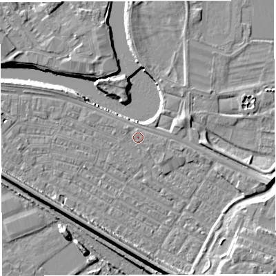 Shaded relief map of the ground around WA41DJ, computed from Environment Agency LiDAR. The ground here sits at about 8 m above sea level and falls 13 m across the surrounding 800 m. Surface water reaching this point runs off ground lying to the north-west, 0.8 m higher.