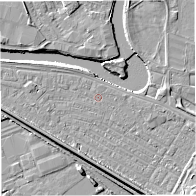 Shaded relief map of the ground around WA41DN, computed from Environment Agency LiDAR. The ground here sits at about 7 m above sea level and falls 12 m across the surrounding 800 m. Surface water reaching this point runs off ground lying to the east, 0.7 m higher.