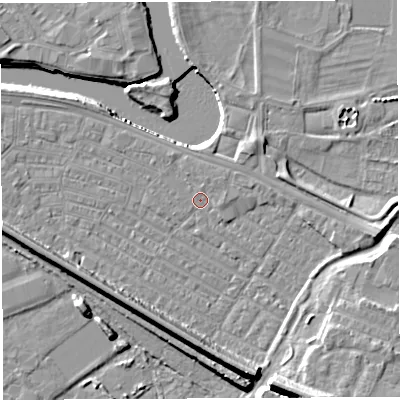 Shaded relief map of the ground around WA41DP, computed from Environment Agency LiDAR. The ground here sits at about 7 m above sea level and falls 14 m across the surrounding 800 m. Surface water reaching this point runs off ground lying to the north-north-west, 1.0 m higher.
