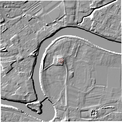 Shaded relief map of the ground around WA41DQ, computed from Environment Agency LiDAR. The ground here sits at about 9 m above sea level and falls 7 m across the surrounding 800 m. Surface water reaching this point runs off ground lying to the south-east, 1.4 m higher.