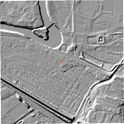 Shaded relief map of the ground around WA41DR, computed from Environment Agency LiDAR. The ground here sits at about 7 m above sea level and falls 13 m across the surrounding 800 m. Surface water reaching this point runs off ground lying to the south-east, 0.5 m higher.