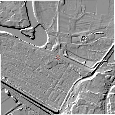 Shaded relief map of the ground around WA41DU, computed from Environment Agency LiDAR. The ground here sits at about 8 m above sea level and falls 13 m across the surrounding 800 m. Surface water reaching this point runs off ground lying to the east-south-east, 3.5 m higher.
