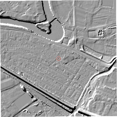 Shaded relief map of the ground around WA41DW, computed from Environment Agency LiDAR. The ground here sits at about 7 m above sea level and falls 15 m across the surrounding 800 m. Surface water reaching this point runs off ground lying to the north-north-west, 1.1 m higher.