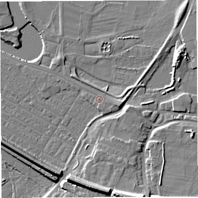 Shaded relief map of the ground around WA41DX, computed from Environment Agency LiDAR. The ground here sits at about 8 m above sea level and falls 16 m across the surrounding 800 m. Surface water reaching this point runs off ground lying to the east-south-east, 2.5 m higher.