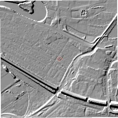 Shaded relief map of the ground around WA41DZ, computed from Environment Agency LiDAR. The ground here sits at about 7 m above sea level and falls 17 m across the surrounding 800 m. Surface water reaching this point runs off ground lying to the south-east, 13.6 m higher.