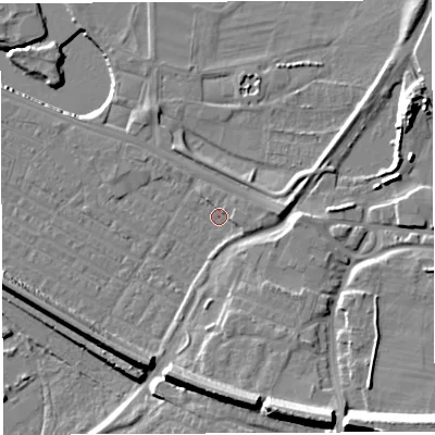 Shaded relief map of the ground around WA41EA, computed from Environment Agency LiDAR. The ground here sits at about 7 m above sea level and falls 18 m across the surrounding 800 m. Surface water reaching this point runs off ground lying to the east-north-east, 2.0 m higher.