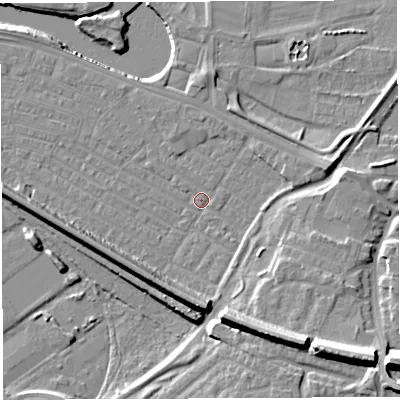 Shaded relief map of the ground around WA41EB, computed from Environment Agency LiDAR. The ground here sits at about 7 m above sea level and falls 16 m across the surrounding 800 m. Surface water reaching this point runs off ground lying to the south-east, 13.6 m higher.