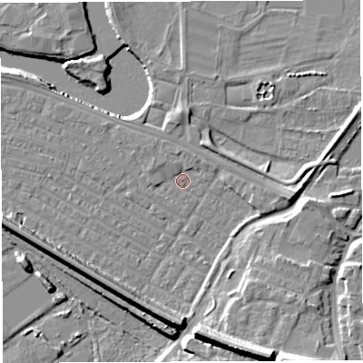 Shaded relief map of the ground around WA41ED, computed from Environment Agency LiDAR. The ground here sits at about 7 m above sea level and falls 15 m across the surrounding 800 m. Surface water reaching this point runs off ground lying to the north-east, 1.3 m higher.
