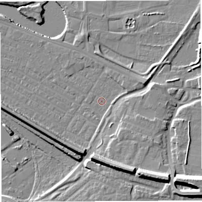 Shaded relief map of the ground around WA41EE, computed from Environment Agency LiDAR. The ground here sits at about 7 m above sea level and falls 18 m across the surrounding 800 m. Surface water reaching this point runs off ground lying to the south-east, 4.6 m higher.