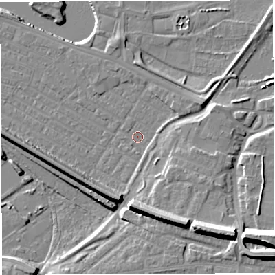Shaded relief map of the ground around WA41EF, computed from Environment Agency LiDAR. The ground here sits at about 6 m above sea level and falls 17 m across the surrounding 800 m. Surface water reaching this point runs off ground lying to the east-south-east, 4.6 m higher.