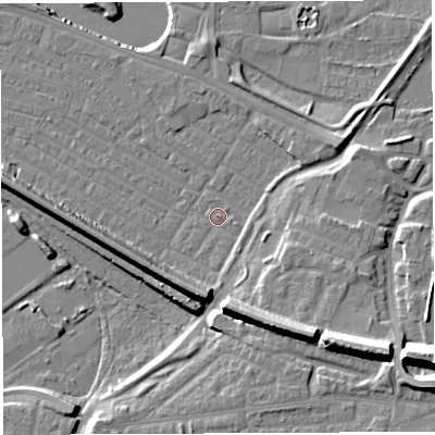 Shaded relief map of the ground around WA41EG, computed from Environment Agency LiDAR. The ground here sits at about 7 m above sea level and falls 17 m across the surrounding 800 m. Surface water reaching this point runs off ground lying to the south-east, 13.5 m higher.