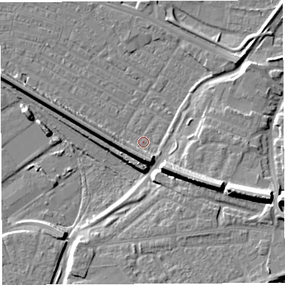 Shaded relief map of the ground around WA41EH, computed from Environment Agency LiDAR. The ground here sits at about 7 m above sea level and falls 14 m across the surrounding 800 m. Surface water reaching this point runs off ground lying to the east-south-east, 13.4 m higher.