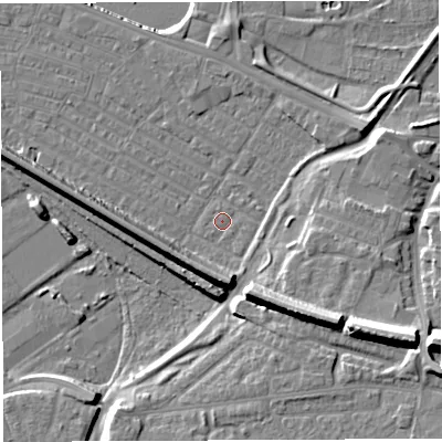 Shaded relief map of the ground around WA41EJ, computed from Environment Agency LiDAR. The ground here sits at about 6 m above sea level and falls 16 m across the surrounding 800 m. Surface water reaching this point runs off ground lying to the east-south-east, 13.5 m higher.