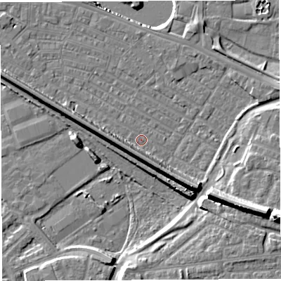 Shaded relief map of the ground around WA41EL, computed from Environment Agency LiDAR. The ground here sits at about 7 m above sea level and falls 16 m across the surrounding 800 m. Surface water reaching this point runs off ground lying to the south-east, 12.1 m higher.