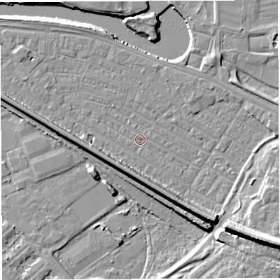 Shaded relief map of the ground around WA41EP, computed from Environment Agency LiDAR. The ground here sits at about 7 m above sea level and falls 15 m across the surrounding 800 m. Surface water reaching this point runs off ground lying to the south-east, 12.1 m higher.