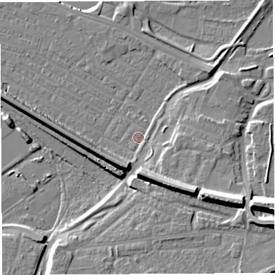 Shaded relief map of the ground around WA41EQ, computed from Environment Agency LiDAR. The ground here sits at about 7 m above sea level and falls 17 m across the surrounding 800 m. Surface water reaching this point runs off ground lying to the east-south-east, 13.3 m higher.