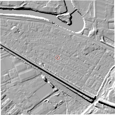 Shaded relief map of the ground around WA41ER, computed from Environment Agency LiDAR. The ground here sits at about 6 m above sea level and falls 15 m across the surrounding 800 m. Surface water reaching this point runs off ground lying to the south-south-east, 8.5 m higher.