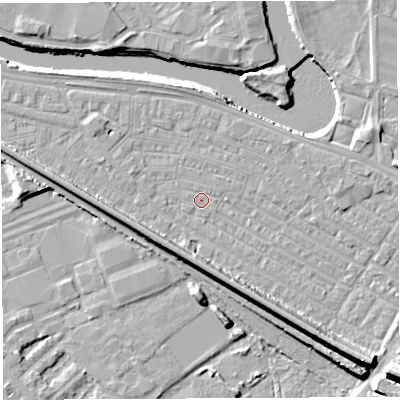 Shaded relief map of the ground around WA41ES, computed from Environment Agency LiDAR. The ground here sits at about 7 m above sea level and falls 13 m across the surrounding 800 m. Surface water reaching this point runs off ground lying to the north, 2.1 m higher.