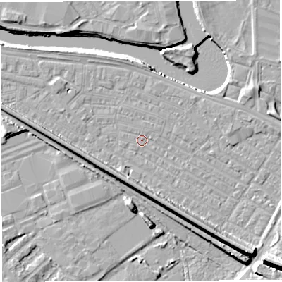 Shaded relief map of the ground around WA41ET, computed from Environment Agency LiDAR. The ground here sits at about 7 m above sea level and falls 14 m across the surrounding 800 m. Surface water reaching this point runs off ground lying to the north, 2.1 m higher.