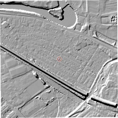 Shaded relief map of the ground around WA41EU, computed from Environment Agency LiDAR. The ground here sits at about 7 m above sea level and falls 15 m across the surrounding 800 m. Surface water reaching this point runs off ground lying to the south-east, 12.1 m higher.
