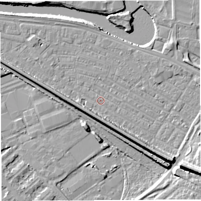 Shaded relief map of the ground around WA41EW, computed from Environment Agency LiDAR. The ground here sits at about 7 m above sea level and falls 14 m across the surrounding 800 m. Surface water reaching this point runs off ground lying to the south-east, 8.7 m higher.