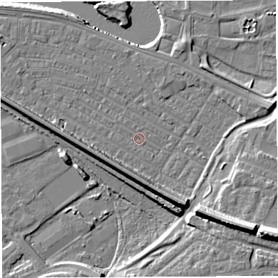 Shaded relief map of the ground around WA41EX, computed from Environment Agency LiDAR. The ground here sits at about 6 m above sea level and falls 16 m across the surrounding 800 m. Surface water reaching this point runs off ground lying to the south-east, 12.1 m higher.