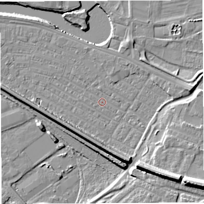 Shaded relief map of the ground around WA41EY, computed from Environment Agency LiDAR. The ground here sits at about 7 m above sea level and falls 16 m across the surrounding 800 m. Surface water reaching this point runs off ground lying to the south-east, 12.1 m higher.