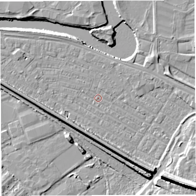 Shaded relief map of the ground around WA41EZ, computed from Environment Agency LiDAR. The ground here sits at about 7 m above sea level and falls 15 m across the surrounding 800 m. Surface water reaching this point runs off ground lying to the south-east, 12.1 m higher.